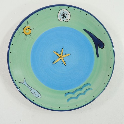 STARFISH SAND DOLLAR FISH by KIC Salad Plate 7 1/2" Hand Pained Ocean Motif Blue
