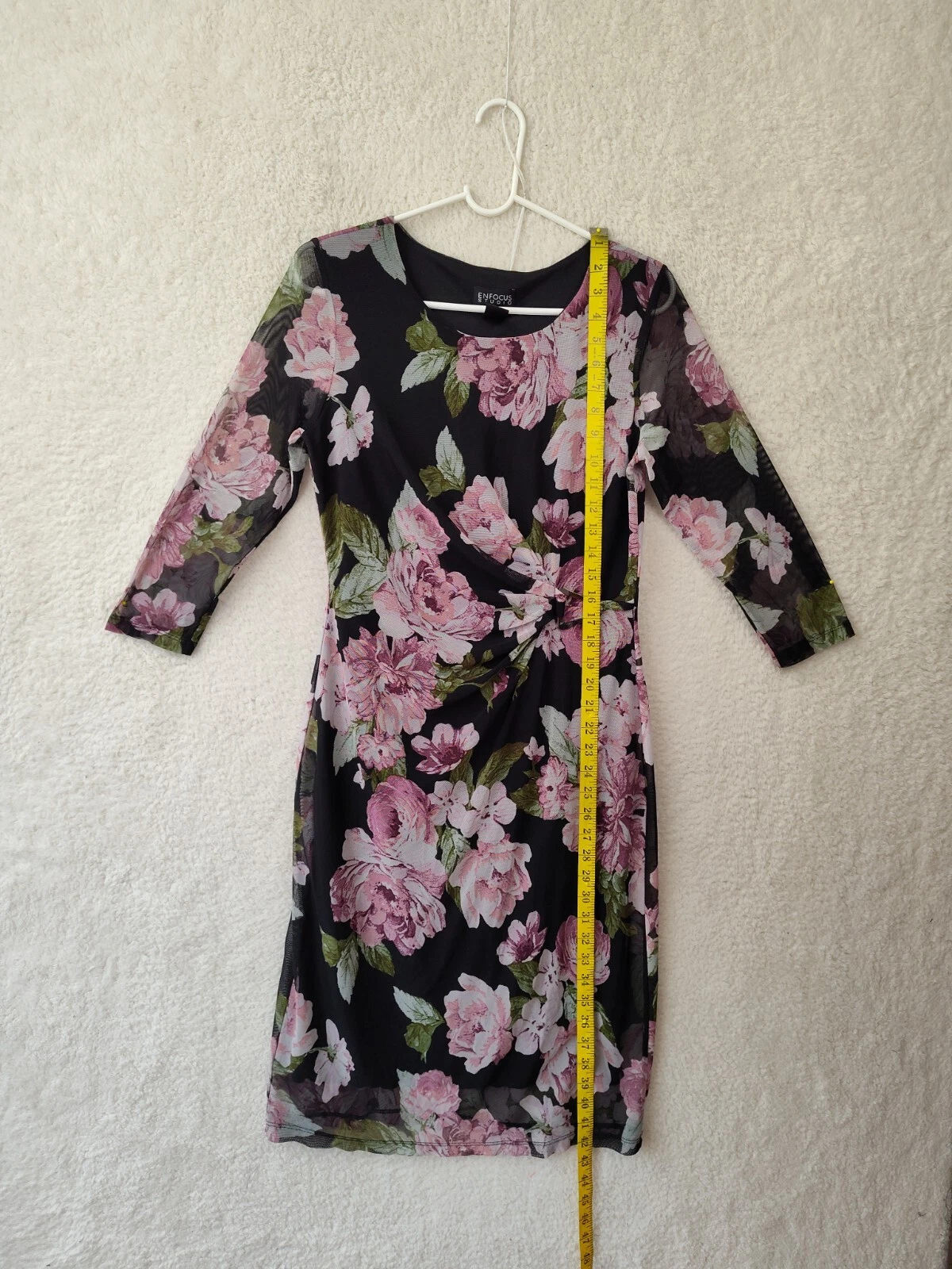 PALM ANGELS Abito donna Enfocus Studio 10 nero trasparente floreale manica 3 4 tubino foderato ginocchio L