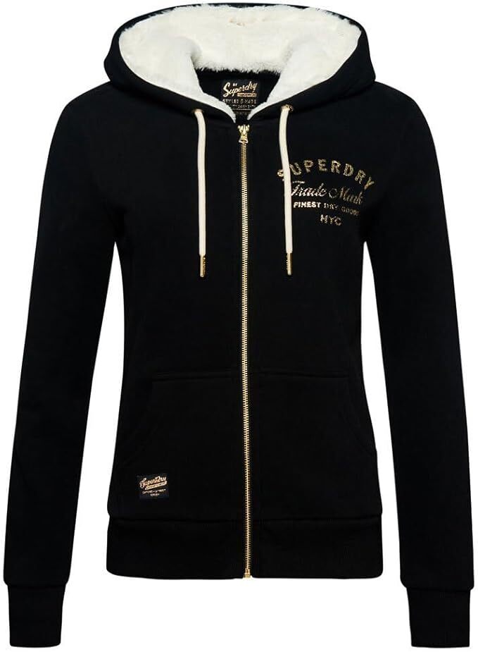Superdry Women's Luxe Metallic Logo Ziphood Sweatshirt Black Gold