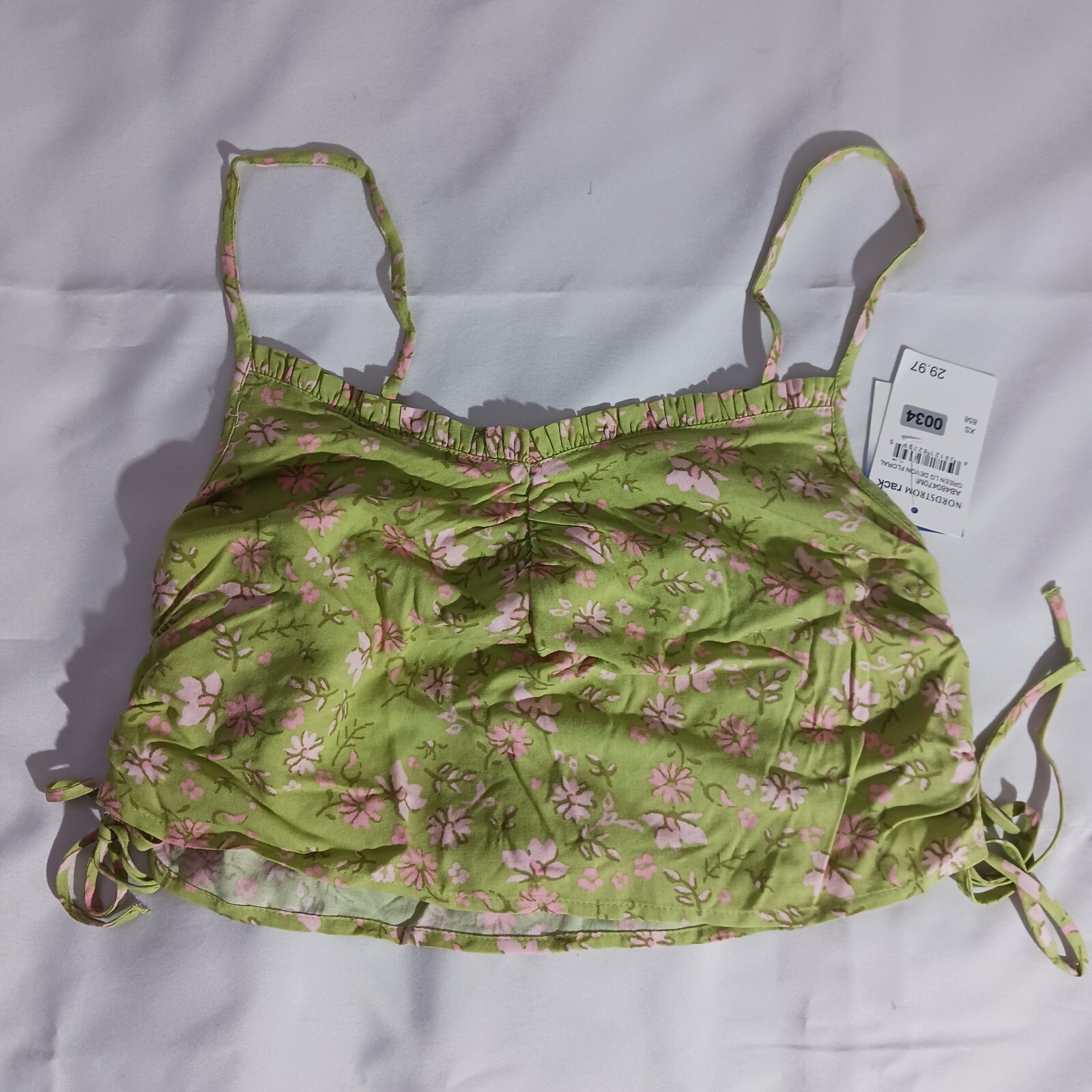 Tank Top Women's Small Green W/ Pink Floral Crop Top Side Ties ABOUND New-image