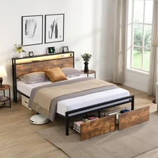 Full Size LED Bed Frame with Storage Headboard & 2 Drawers Metal Platform Bed