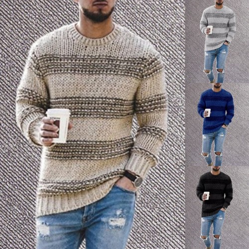 Men Striped Crew Neck Knitted Chunky 