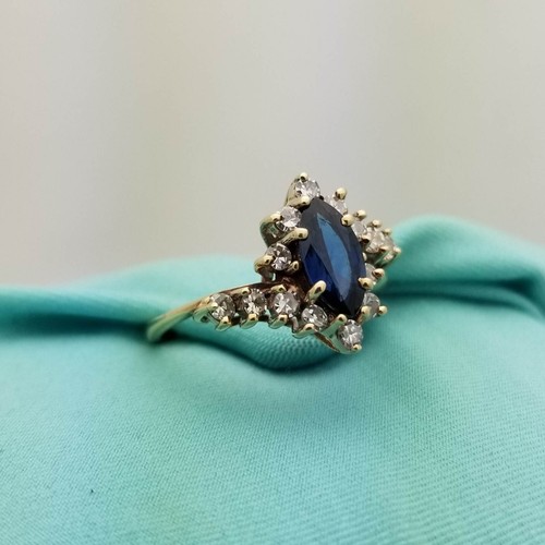 Vintage 10K Sapphire Diamond Halo Bypass Ring-Earth Mined-0.5C Sapphire Marquise - Picture 2 of 9