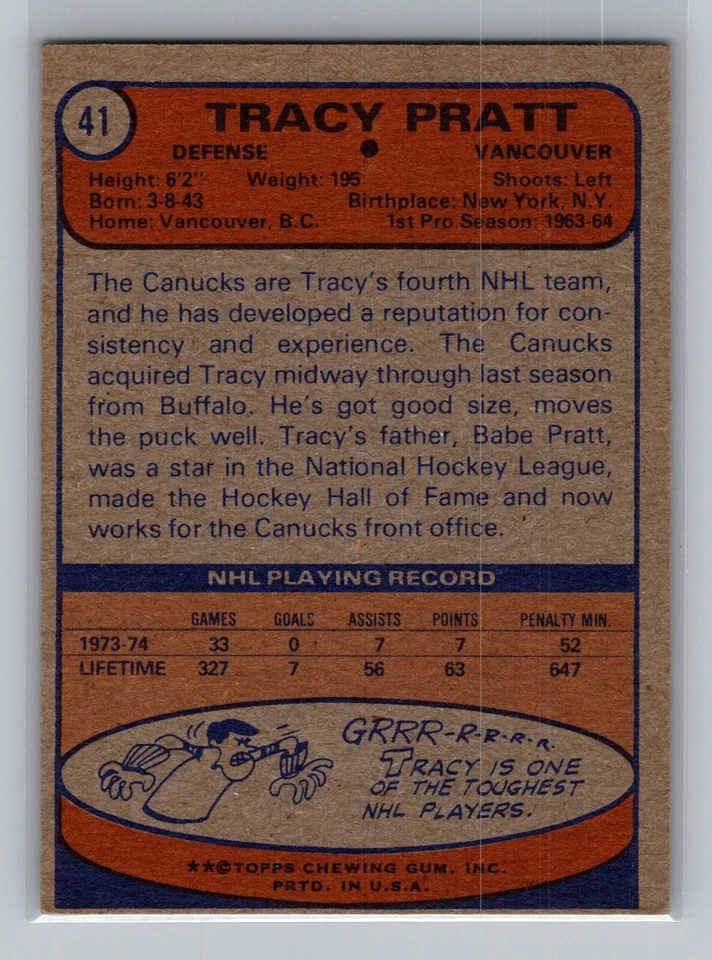 1974-75 Topps Tracy Pratt #41 - Vancouver Canucks - EX to EX+ - Image 2 of 2