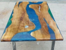 Blue Epoxy Resin Wood Dining Table Top Handmade Walnut Farmhouse Furniture Decor
