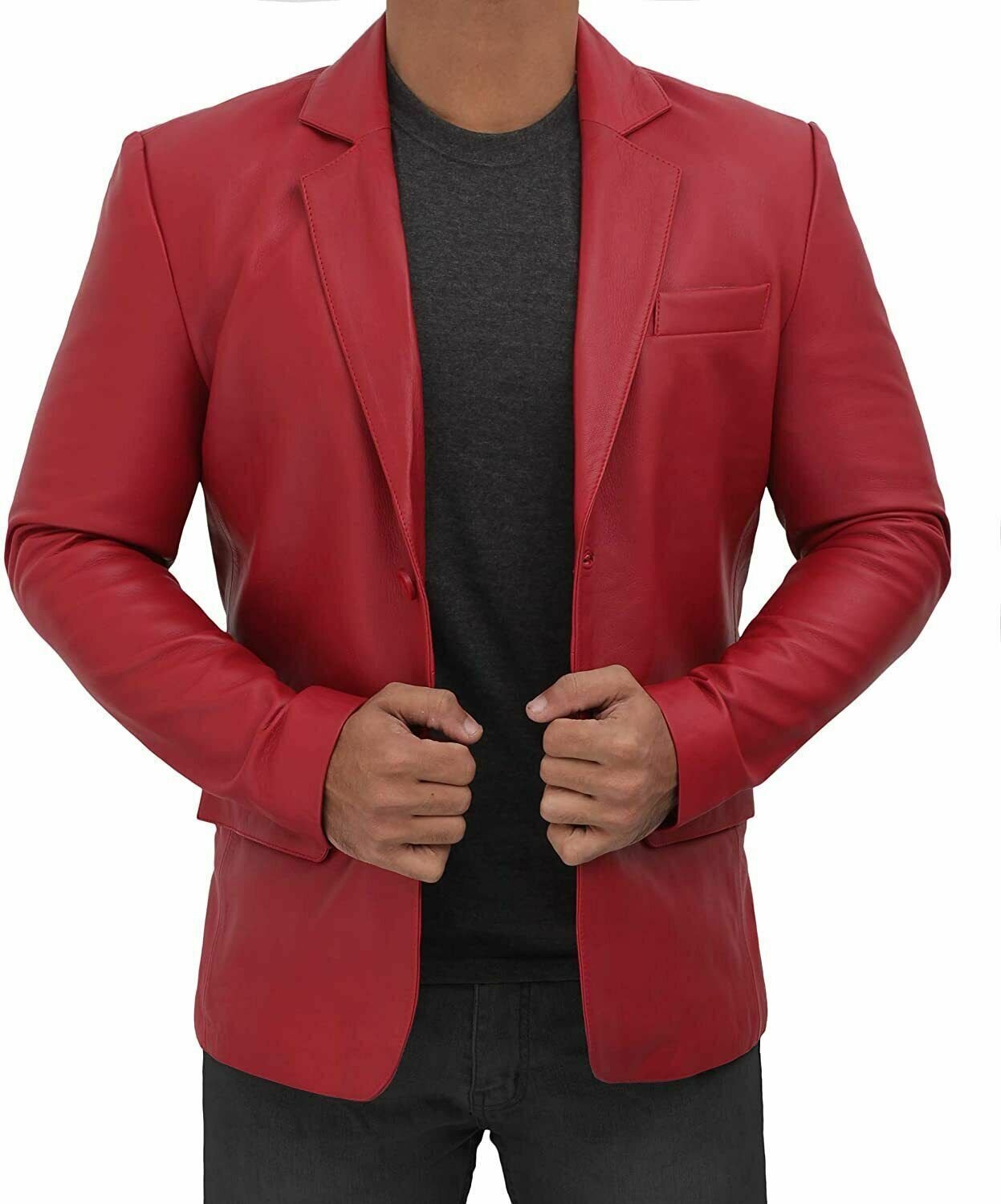 skrivebord subtropisk midler Men&#039;s Red Leather Blazer Genuine Lambskin Leather Jacket TWO BUTTON Sports  Coat | eBay