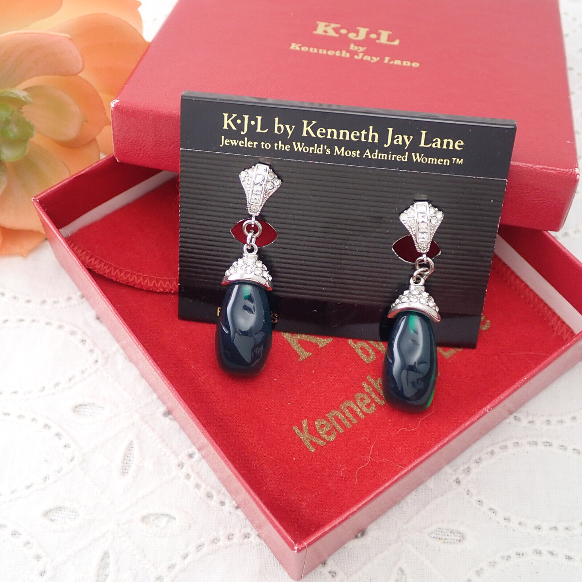 Vintage KJL Kenneth J Lane Gripoix Green Resin Crystal Dangle