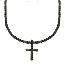 Men Black Finish Bling Cubic Zirconia CZ Cross 4mm Black Tennis 1 Row Necklace