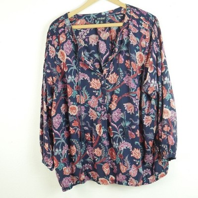 Lucky Brand 2X Popover Top Boho Peasant Blouse Floral Tassel Rayon Lightweight