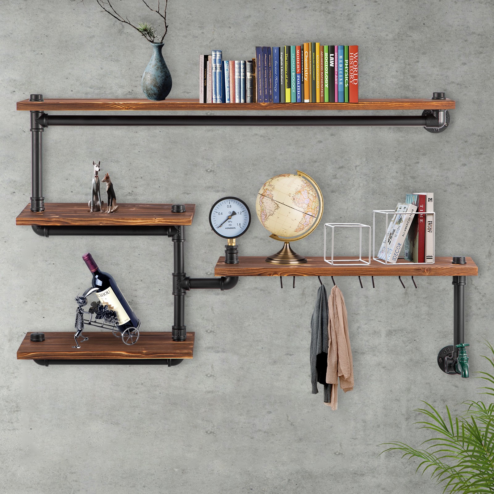 Uimoso Pipe Shelves Industrial Iron Pipe Wall Mounted w/ 4-Tier Wood Planks