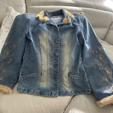 Vintage Y2K Crest Jeans Distressed Denim Jacket, wide sleeves, Embroidered Small