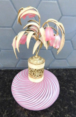 #ad Vtg DeVilbiss Atomizer Perfume Bottle Jeweled Top Pink Stripe Toso Murano Glass $195.00