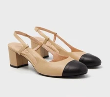FRENCH SOLE TUCKERNUCK Baton Beige Black Sling Back Heels Shoes Career Sz 6.5