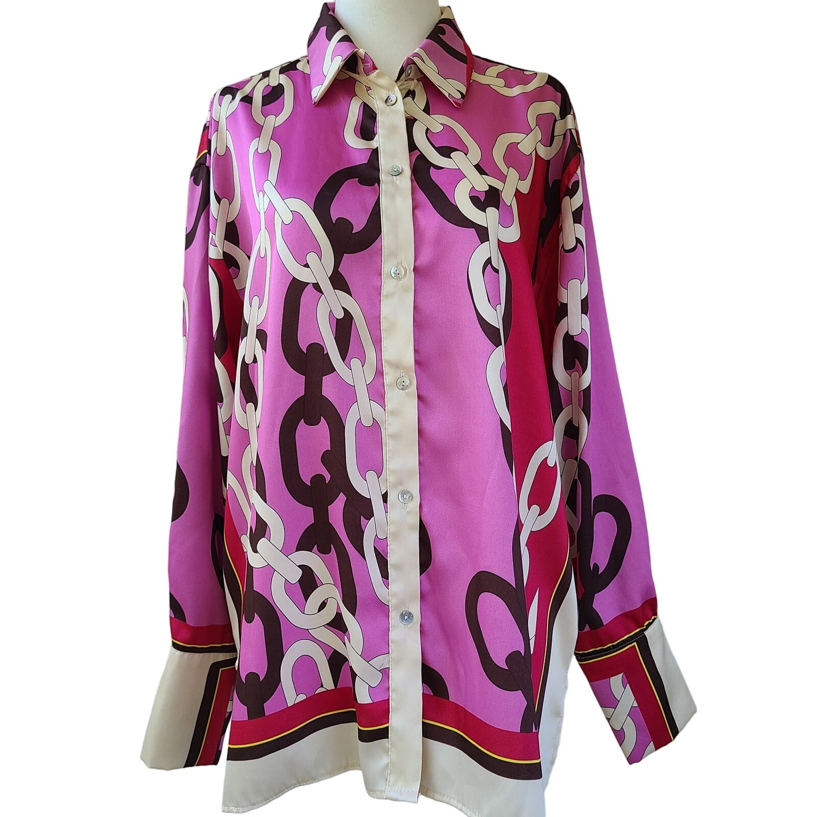 ZARA Woman Chain Print Long-Sleeve Button-down Satin Blouse FW22 Size Small EUC