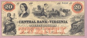 1860 Obsolete, The Central Bank of Virginia Twenty Dollars, $20 Staunton