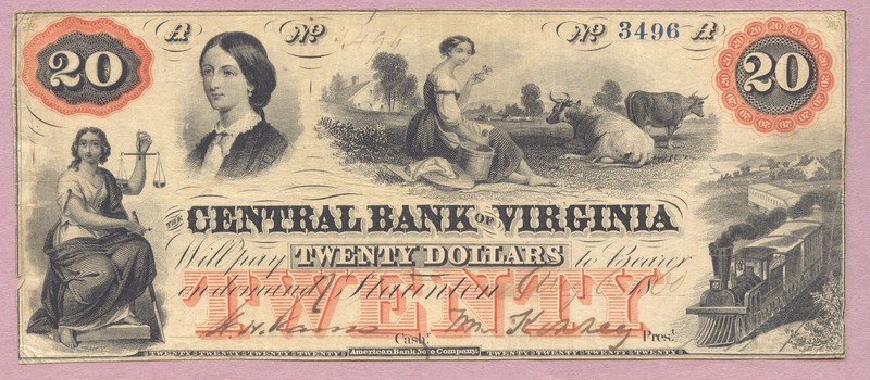 1860 Obsolete, The Central Bank of Virginia Twenty Dollars, $20 Staunton