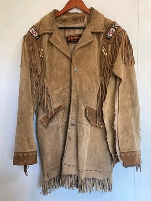 3B West Coat Mens M Brown Suede Leather Fringe Beaded Native American Western