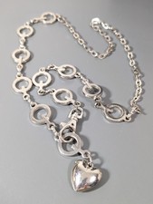 Silver Tone Round Chain Link Belt Heart Charm Small 31 inch