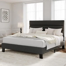 Full/Queen/King Size Platform Bed Frame W/Adjustable Headboad Upholstered Gray
