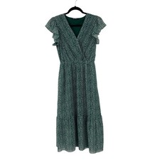 BTFBM Green Animal Print MIDI Ruffle Prairie Boho Dress Small