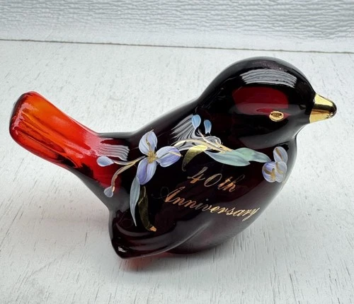 Vintage Fenton Ruby Red Amberina Bird Hand Painted 40th Anniversary Gold Floral