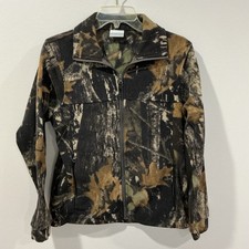 Columbia Camo Fleece Hunting Jacket Youth 14/16 Full Zip Black Logo Pockets Coat