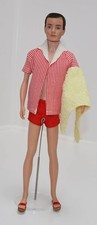 Vintage Ken Doll Flocked Hair Brunette W/Original Swimsuit Sandals Towel 1963