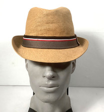 Men straw porkpie derby Fedora upturn brim Hat Cuban stingy striped Band