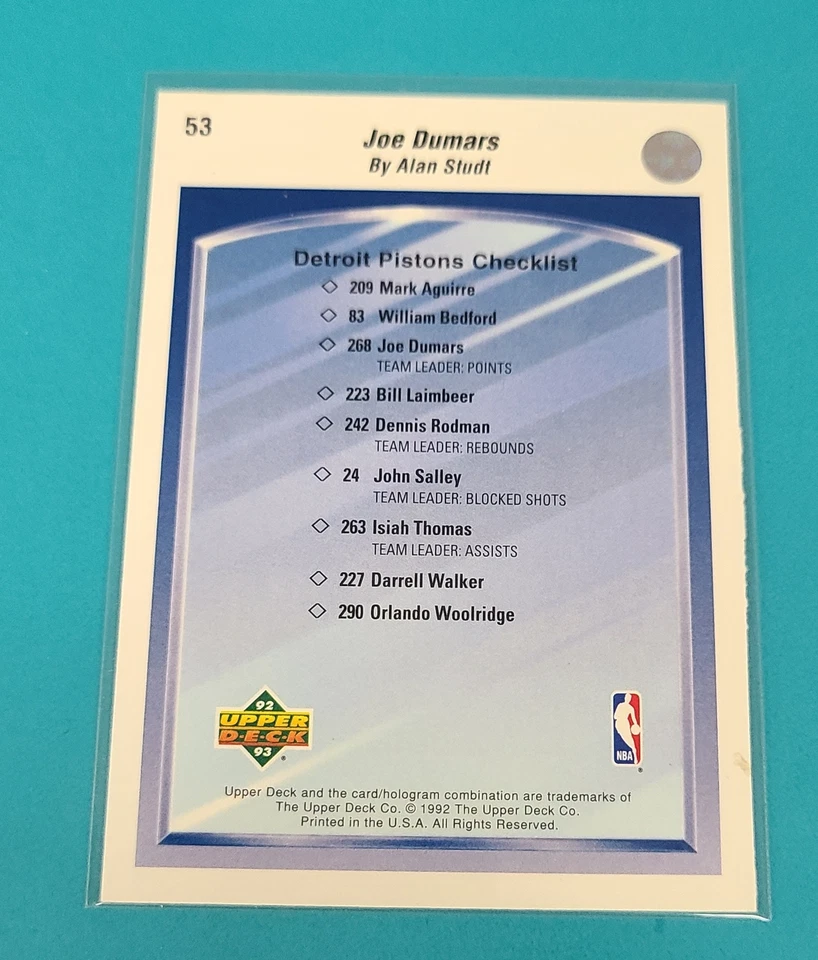 1992-93 Upper Deck #53 Joe Dumars Detroit Pistons BASKETBALL Card 4C - Image 2 of 2