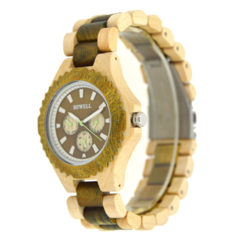 Bewell Men's Natural Wood Watch 49MM Wooden Case Day-Date 30M WR Japan Movement - Picture 3 of 6