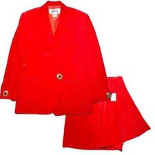 Genny 90s V red pure silk suit with jewel buttons sz 42, mint!