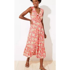 LOFT Beach Coral White & Yellow Floral Flutter Cap Sleeve Midi Wrap Dress Small