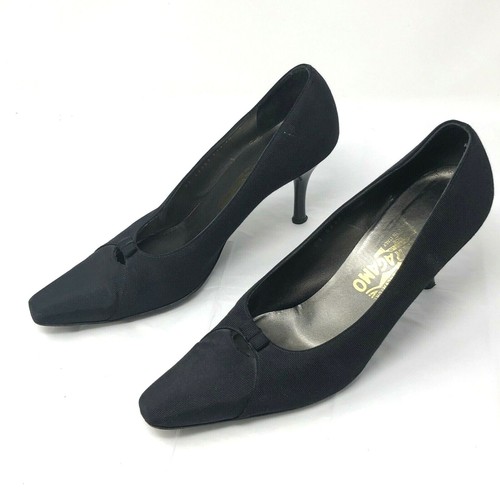 Salvatore Ferragamo Womens 10 Black Fabric Pumps Small Bow Pointy Squared Toe - Picture 5 of 10