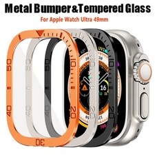 Metal Frame Cover Tempered Glass Screen Protector For Apple Watch Ultra 3/2 49mm