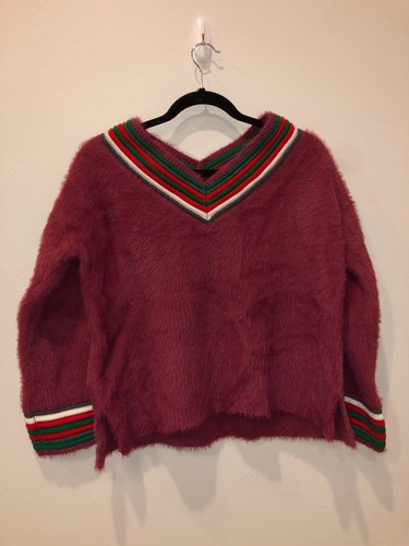 Pink Fuzzy Cropped Sweater 3/4 Sleeve V Neck Green Red Striped Trim Medium  EUC | eBay
