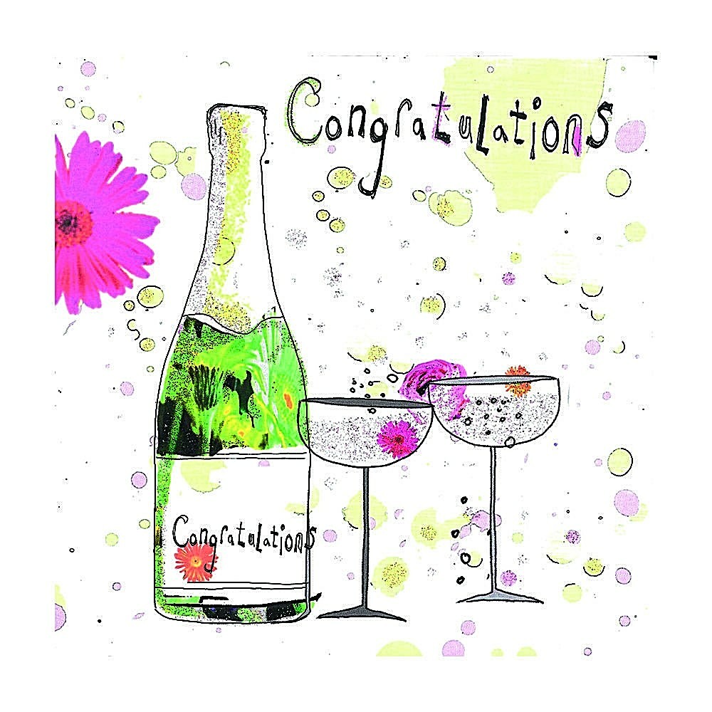Congratulations Greetings Card - Champagne Bottle + Glasses - Glitter Sparkle