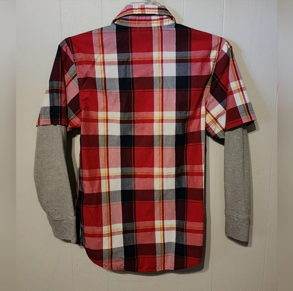 Old Navy Button Up Shirt Youth Large Red Plaid Western Long Sleeve B118 - Image 2 of 4