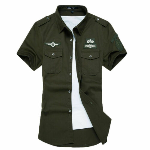 Mens Military Short Sleeves Shirts Air Force Army Cotton Multicolor Camisas Tops - Picture 6 of 7