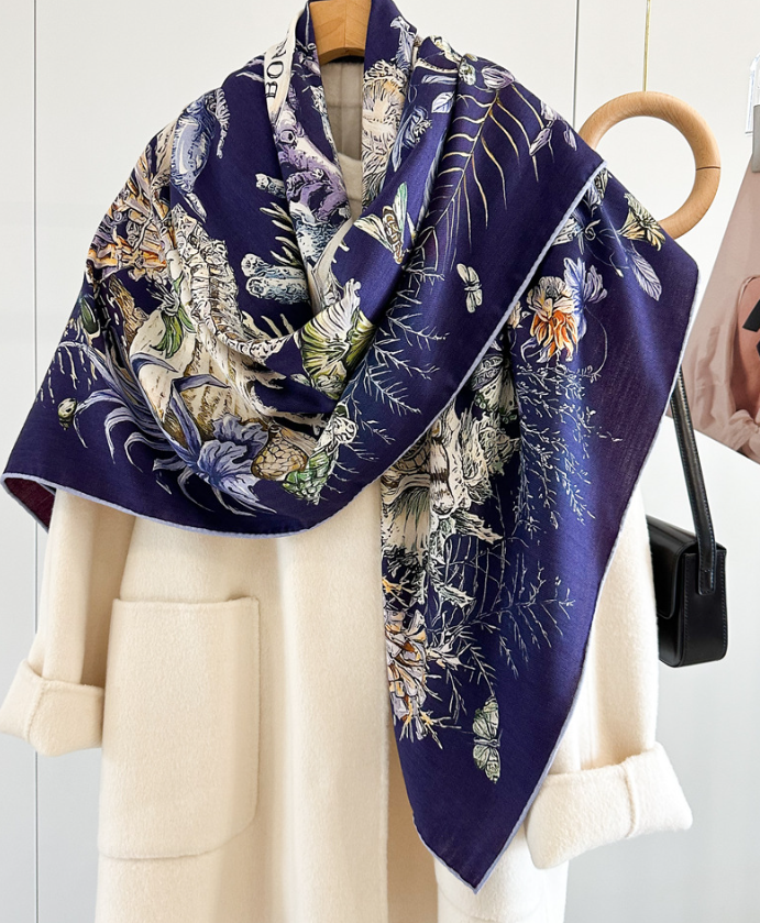 70% Cashmere 30% Silk Wrap Scarf Red seabed Print Double Face Print Shawl 53''