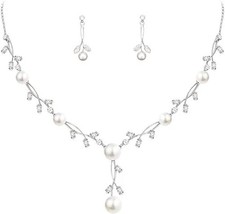 Luxury Cubic Zirconia Aurtrian Crystal Pearl Floral Necklace Dangle Earrings ...
