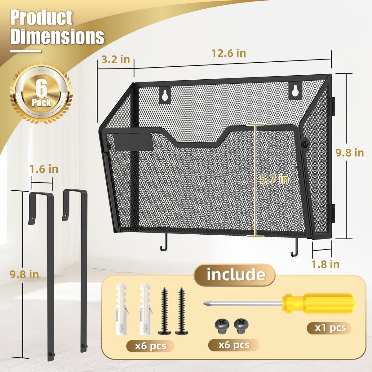 Dapper Styles Hanging Wall File Holders Mesh Letter Holder Mounted Mail Paper Document Folder With Hooks For Office Home White 6 Pack