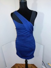 Express Women's S Blue Black One Shoulder Ruched Mesh Bodycon Sheath Midi Dress
