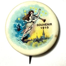 1910 Souvenir Flying Angel Blows Trumpet 1.25" Celluloid Pinback Button