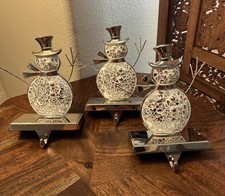 Christmas Stocking Holder SET of 3 Metal and Mosaic Glass Snowman Hanger THREE
