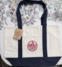 Trader Joe's Reusable Canvas Shopping Tote Bag Beige Navy Blue Solid Plain