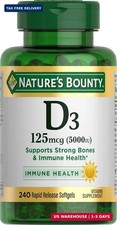 Nature's Bounty Vitamin D3 5000 IU Softgels, Rapid Release, Immune Support, Vita