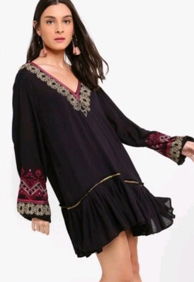 Free People WILD ONE Peasant Dress Size XS V Neck Black Embroidered Boho |  eBay
