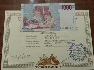 ERRORE DI STAMPA 1000 LIRE MONTESSORI NUMERI DI SERIE SUL RETRO PERIZIATO