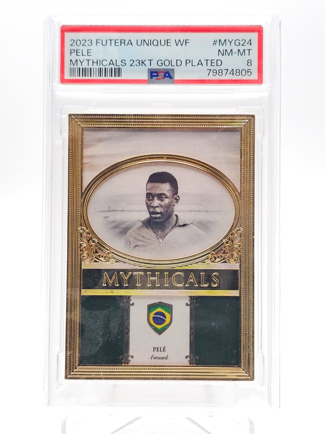PELE 2023-24 FUTERA UNIQUE WORLD MYTHICALS 23KT GOLD PLATED /09 PSA 8 Q6435