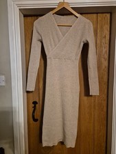 Shein Beige Ribbed V Neck Bodycon Dress Size L Long Sleeve Maxi